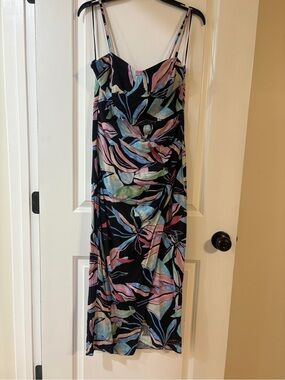 Zara Black Multicolor Tropical-Leaf Midi Slip Dress